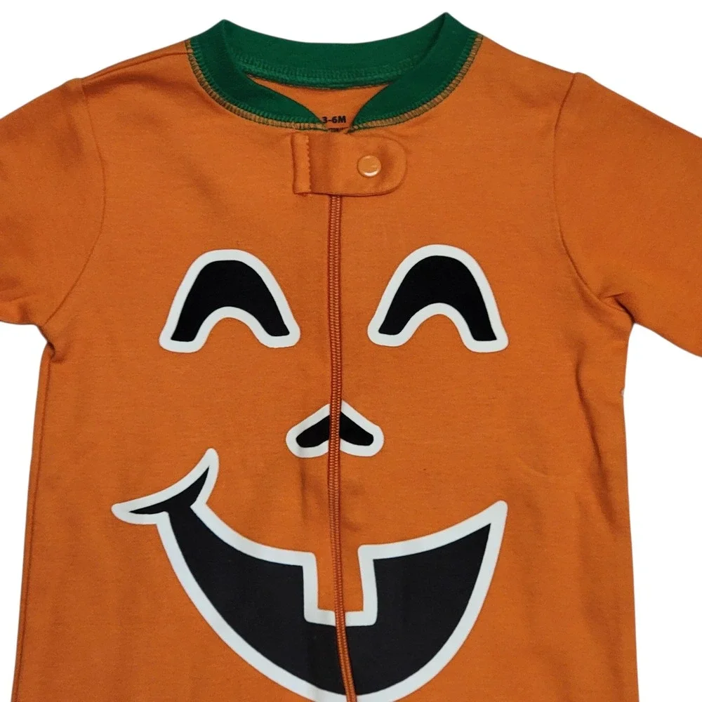 Halloween 1 Pc Pajamas Sz 3/6M‎ Jack O Lantern Orange Green Footed Romper Unisex